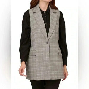 Adrianna Papell Glen Plaid Sleeveless Duster Vest Gray Blue Size M